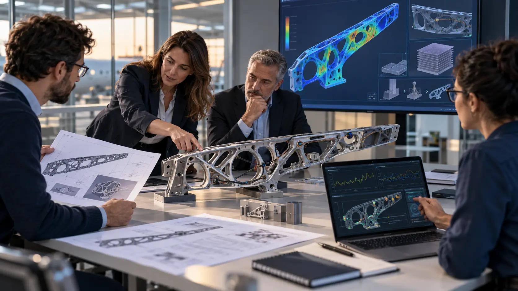 Riunione concettuale tra R&D, responsabile produzione, CEO e laboratorio attorno al prototipo di un flap alleggerito e a dati PHM sul notebook
