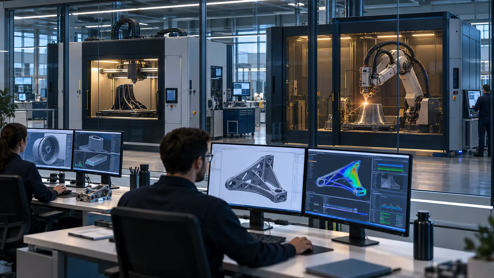 Ufficio tecnico digitalizzato con vetrate su due macchine AM in funzione: una FFF per compositi e una cella robotica DED-LMD per metalli